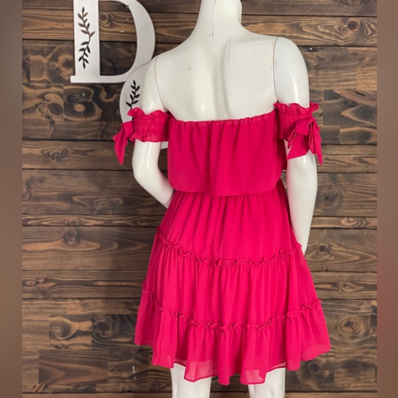Lulus | Off Shoulder Tiered Ruffle Babydoll Mini Dress Hot‎ Pink Bow Tie Sleeves - Picture 7 of 12